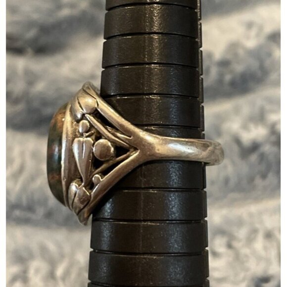 Vintage‎ Sterling Silver Brown Black Stone Agate Ring Size 8 Chunky Floral Band - Picture 3 of 4